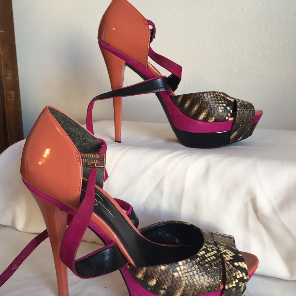 Orange multi colored peep toe heels